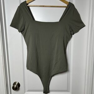 Klassy Network Braless Square Neck‎ Short Sleeve Thong Olive Green Bodysuit